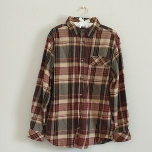 Legendary Whitetails Men's Plaid Button-Down Shirt- Red, Brown, and Gray. Size M